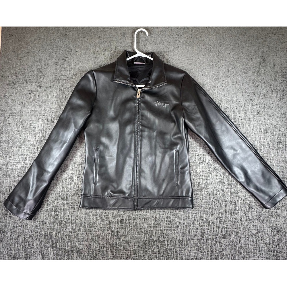 Roxy Black Faux Leather Full Zip Jacket Womens Size 10 Embroidered Logo Edgy